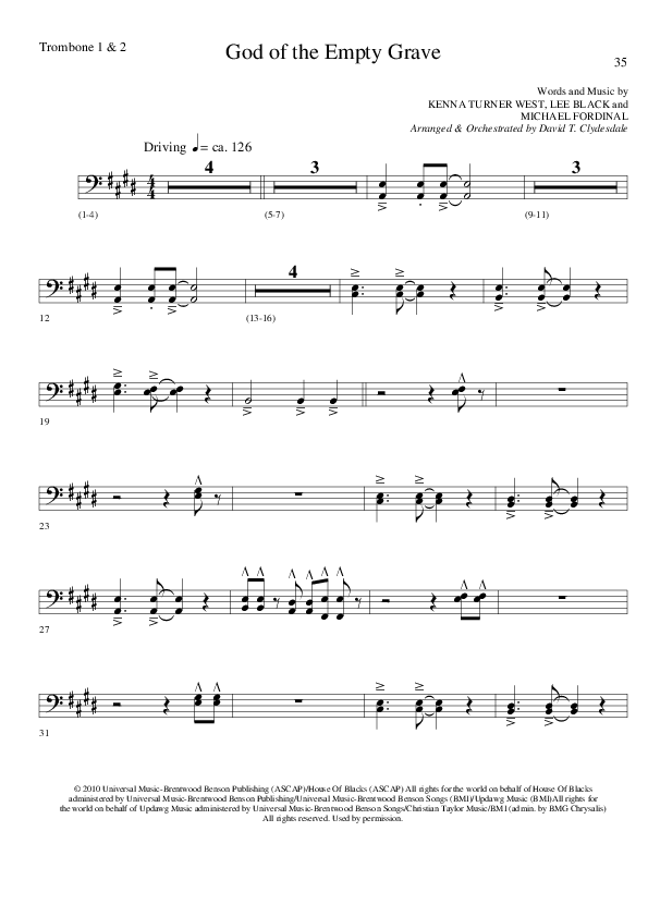 God of the Empty Grave (Choral Anthem SATB) Trombone 1/2 (Lillenas Choral / Arr. David Clydesdale)