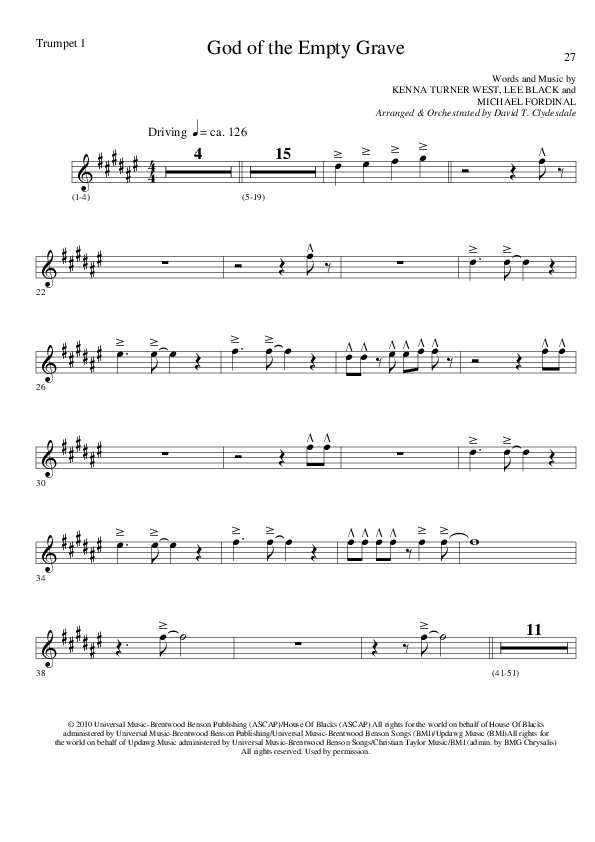 God of the Empty Grave (Choral Anthem SATB) Trumpet 1 (Lillenas Choral / Arr. David Clydesdale)