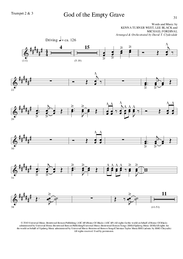 God of the Empty Grave (Choral Anthem SATB) Trumpet 2/3 (Lillenas Choral / Arr. David Clydesdale)