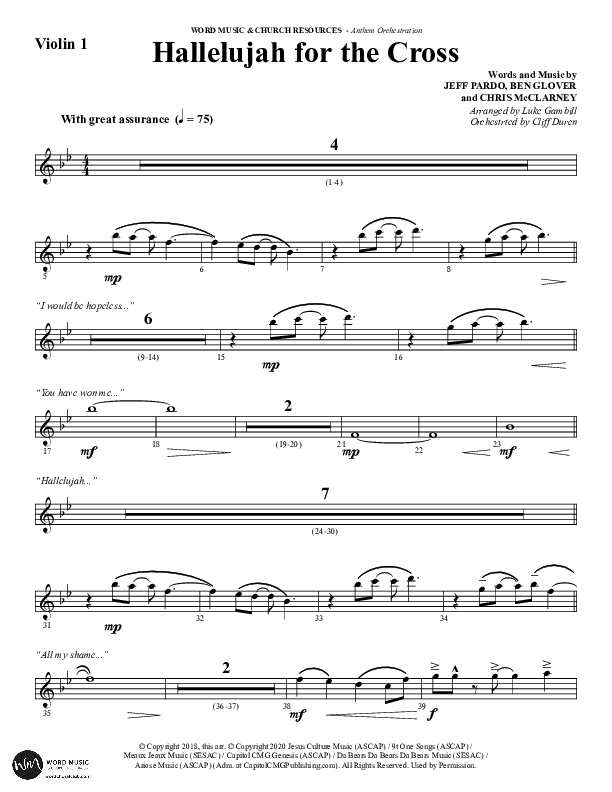 Hallelujah For The Cross (Choral Anthem SATB) Violin 1 (Lillenas Choral / Arr. Richard Kingsmore)