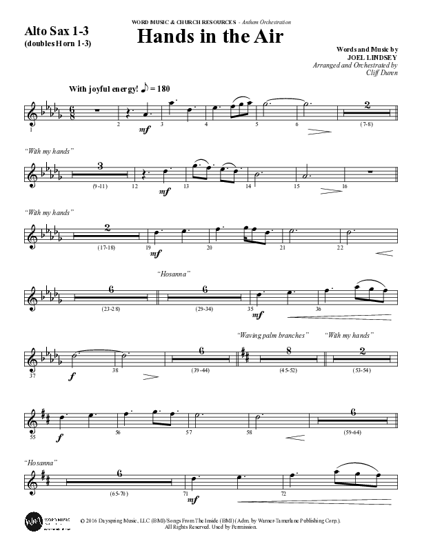 Hands In The Air (Choral Anthem SATB) Alto Sax 1/2 (Word Music Choral / Arr. Cliff Duren)
