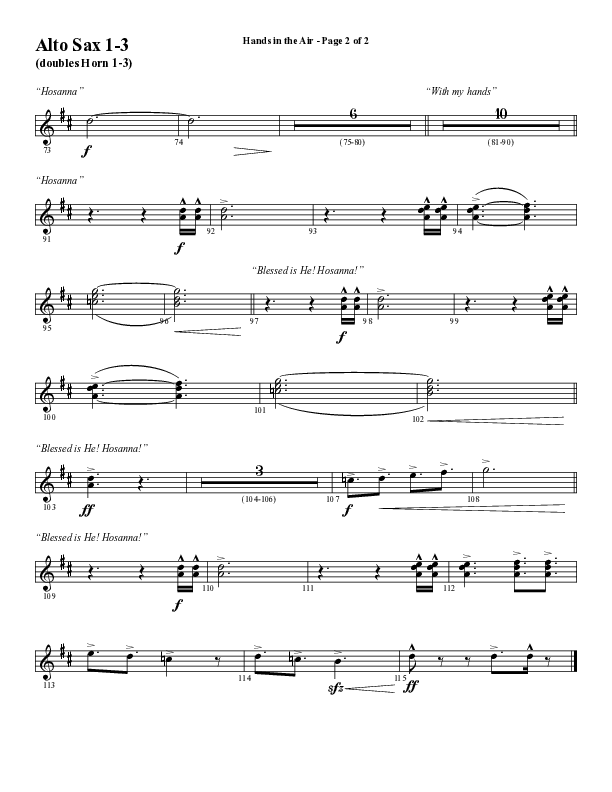 Hands In The Air (Choral Anthem SATB) Alto Sax 1/2 (Word Music Choral / Arr. Cliff Duren)