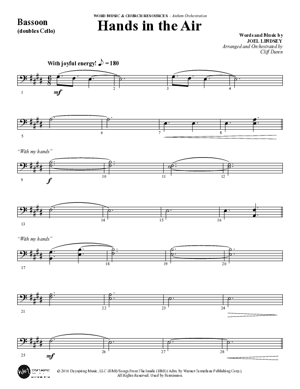 Hands In The Air (Choral Anthem SATB) Bassoon (Word Music Choral / Arr. Cliff Duren)