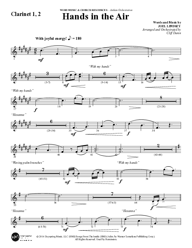 Hands In The Air (Choral Anthem SATB) Clarinet 1/2 (Word Music Choral / Arr. Cliff Duren)