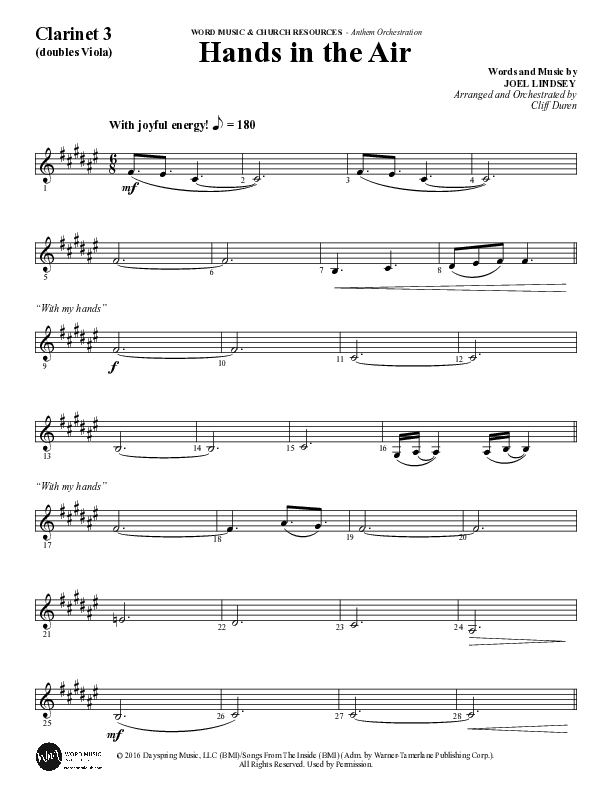 Hands In The Air (Choral Anthem SATB) Clarinet 3 (Word Music Choral / Arr. Cliff Duren)