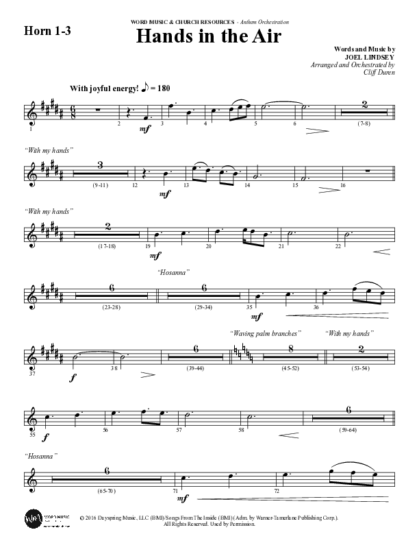 Hands In The Air (Choral Anthem SATB) French Horn (Word Music Choral / Arr. Cliff Duren)