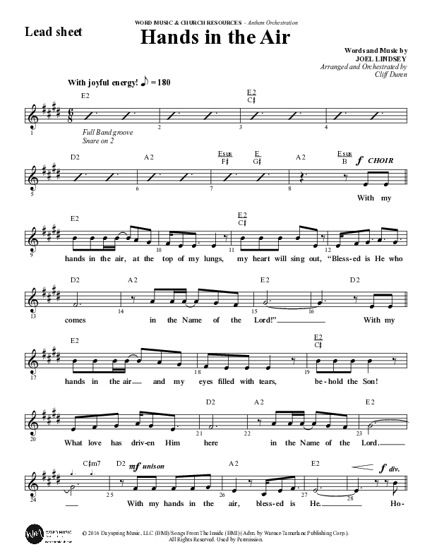 Hands In The Air (Choral Anthem SATB) Lead Sheet (Melody) (Word Music Choral / Arr. Cliff Duren)