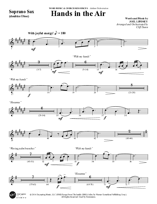 Hands In The Air (Choral Anthem SATB) Soprano Sax (Word Music Choral / Arr. Cliff Duren)