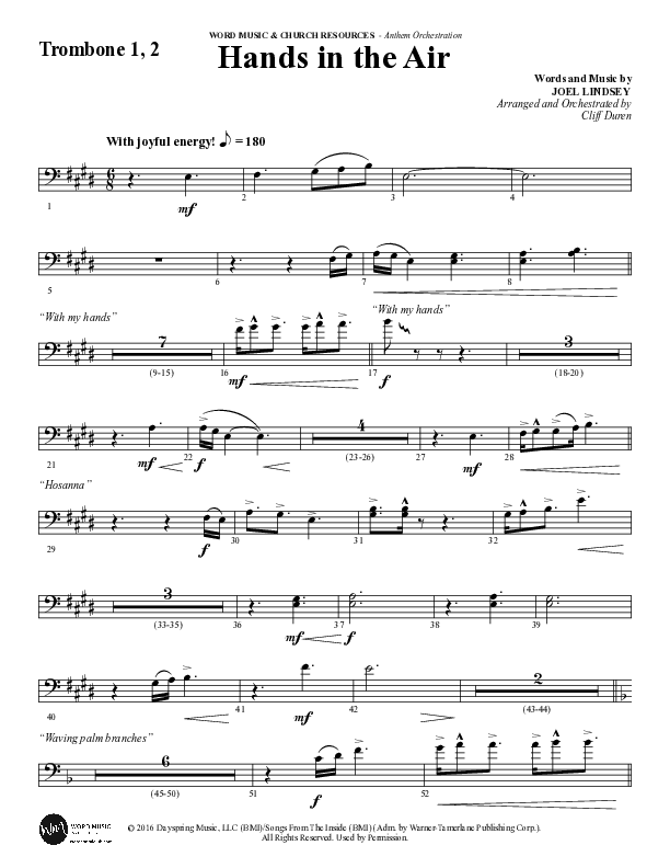 Hands In The Air (Choral Anthem SATB) Trombone 1/2 (Word Music Choral / Arr. Cliff Duren)