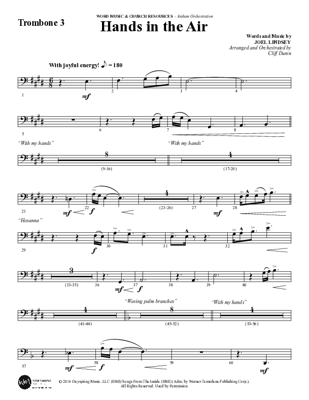 Hands In The Air (Choral Anthem SATB) Trombone 3 (Word Music Choral / Arr. Cliff Duren)
