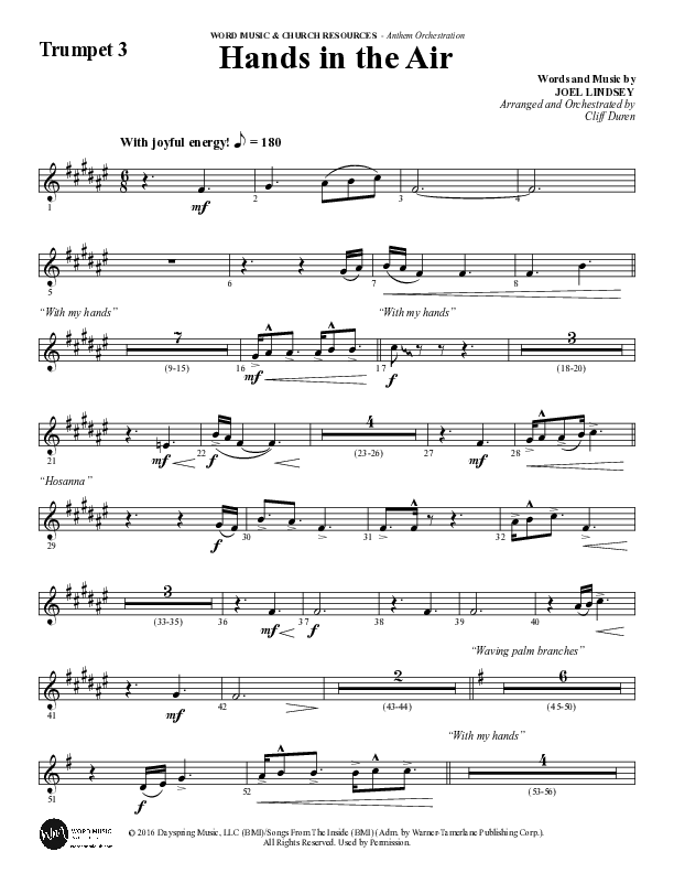 Hands In The Air (Choral Anthem SATB) Trumpet 3 (Word Music Choral / Arr. Cliff Duren)