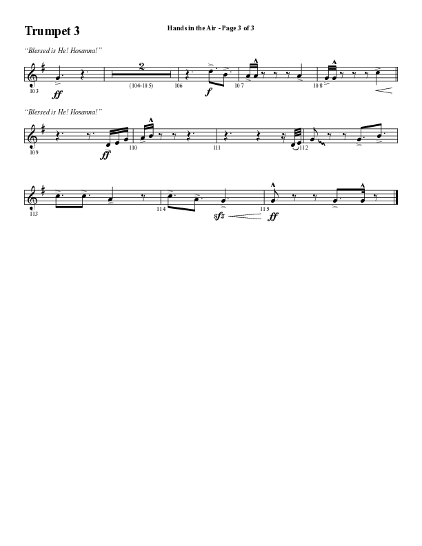 Hands In The Air (Choral Anthem SATB) Trumpet 3 (Word Music Choral / Arr. Cliff Duren)
