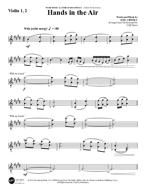Hands In The Air (Choral Anthem SATB) Violin 1/2 (Word Music Choral / Arr. Cliff Duren)