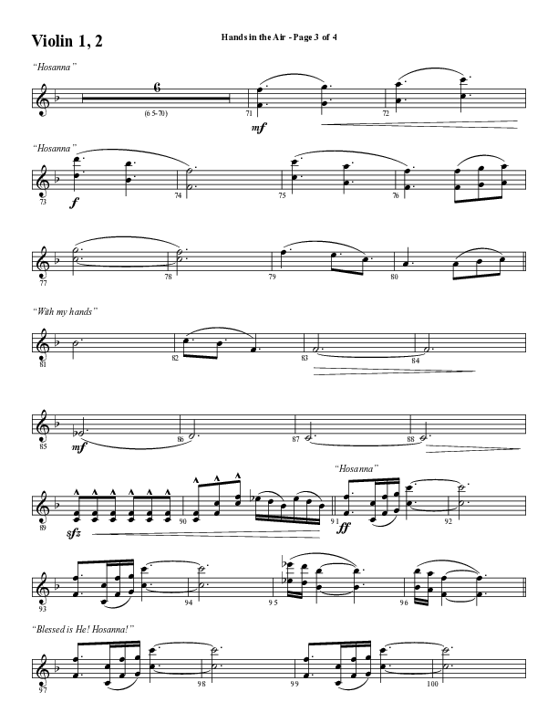 Hands In The Air (Choral Anthem SATB) Violin 1/2 (Word Music Choral / Arr. Cliff Duren)