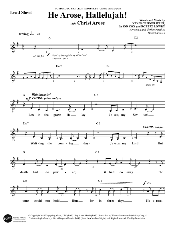 He Arose Hallelujah (Choral Anthem SATB) Lead Sheet (Melody) (Word Music Choral / Arr. Daniel Semsen)