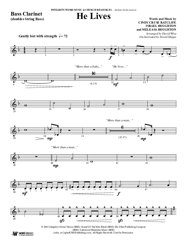 He Lives (Choral Anthem SATB) Bass Clarinet (Word Music Choral / Arr. David Wise / Orch. David Shipps)