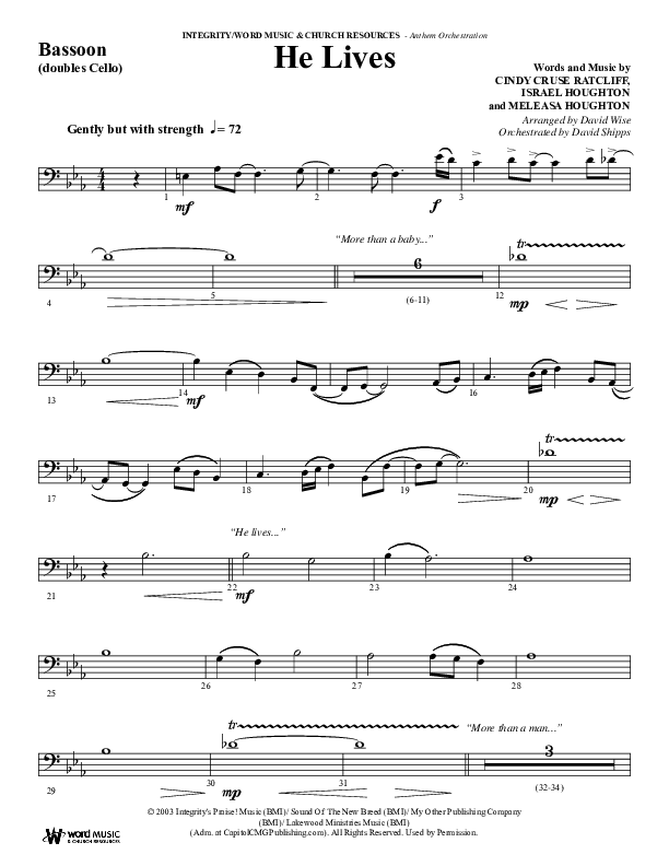 He Lives (Choral Anthem SATB) Bassoon (Word Music Choral / Arr. David Wise / Orch. David Shipps)
