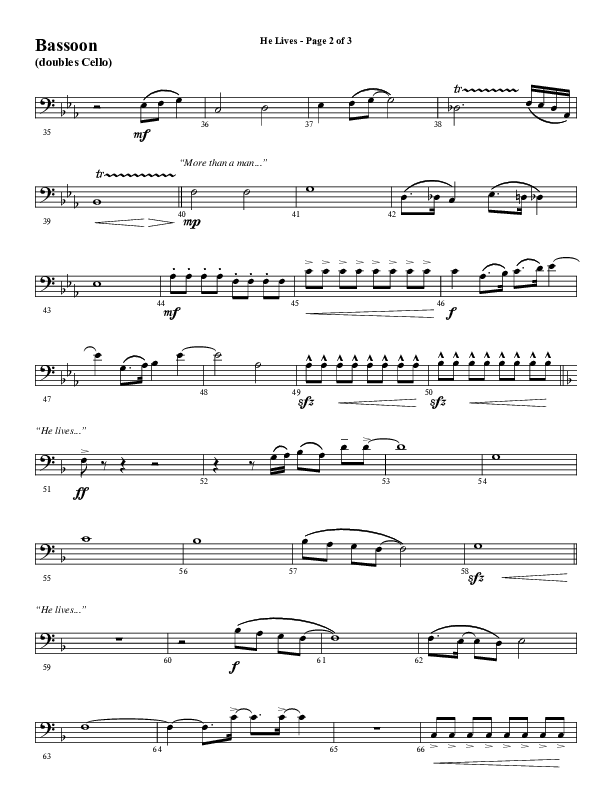 He Lives (Choral Anthem SATB) Bassoon (Word Music Choral / Arr. David Wise / Orch. David Shipps)