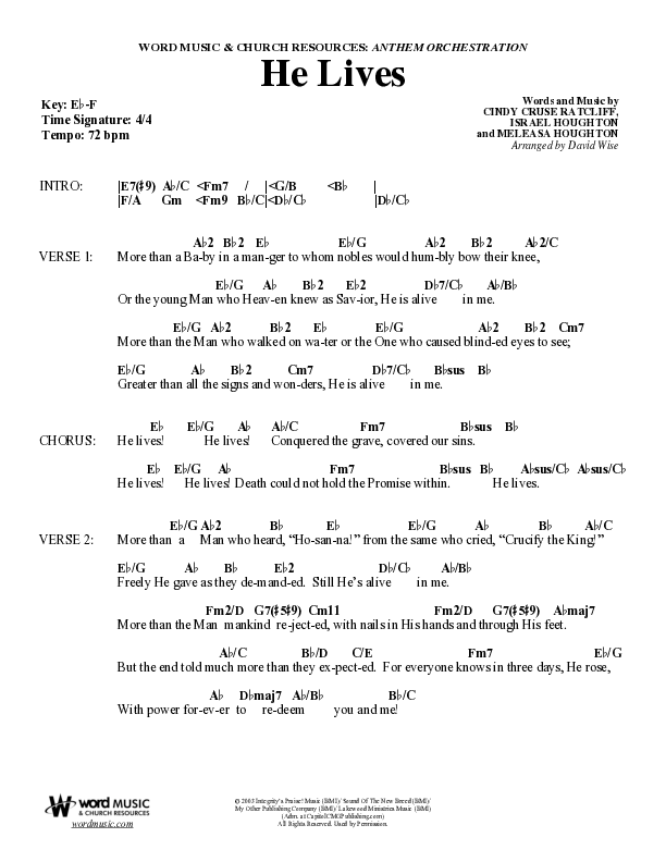 He Lives (Choral Anthem SATB) Chord Chart (Word Music Choral / Arr. David Wise / Orch. David Shipps)