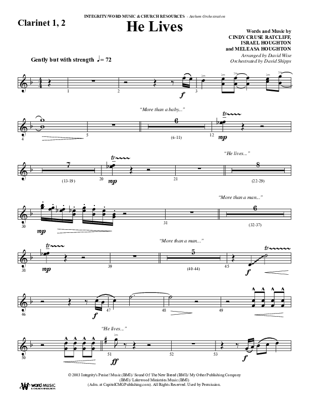 He Lives (Choral Anthem SATB) Clarinet 1/2 (Word Music Choral / Arr. David Wise / Orch. David Shipps)
