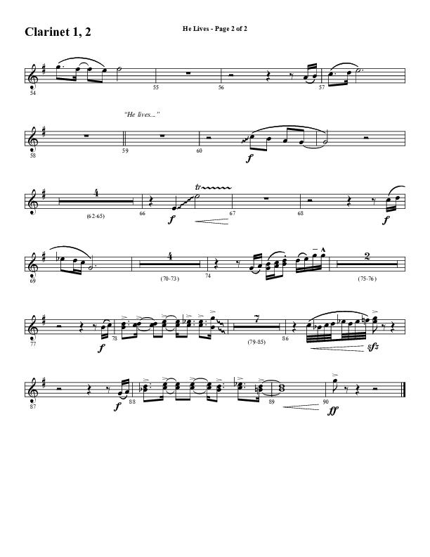 He Lives (Choral Anthem SATB) Clarinet 1/2 (Word Music Choral / Arr. David Wise / Orch. David Shipps)