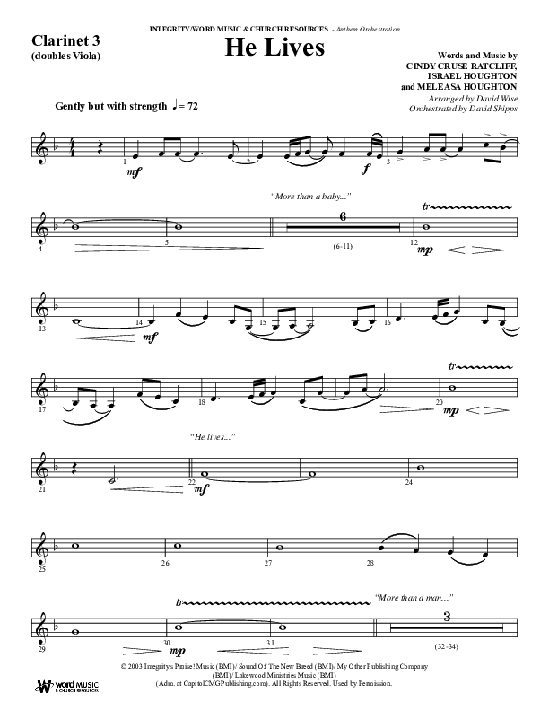 He Lives (Choral Anthem SATB) Clarinet 3 (Word Music Choral / Arr. David Wise / Orch. David Shipps)