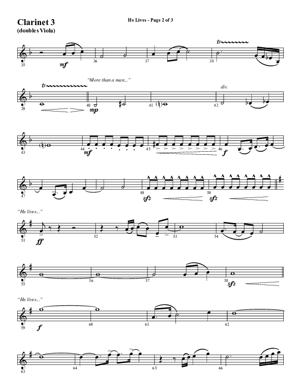 He Lives (Choral Anthem SATB) Clarinet 3 (Word Music Choral / Arr. David Wise / Orch. David Shipps)