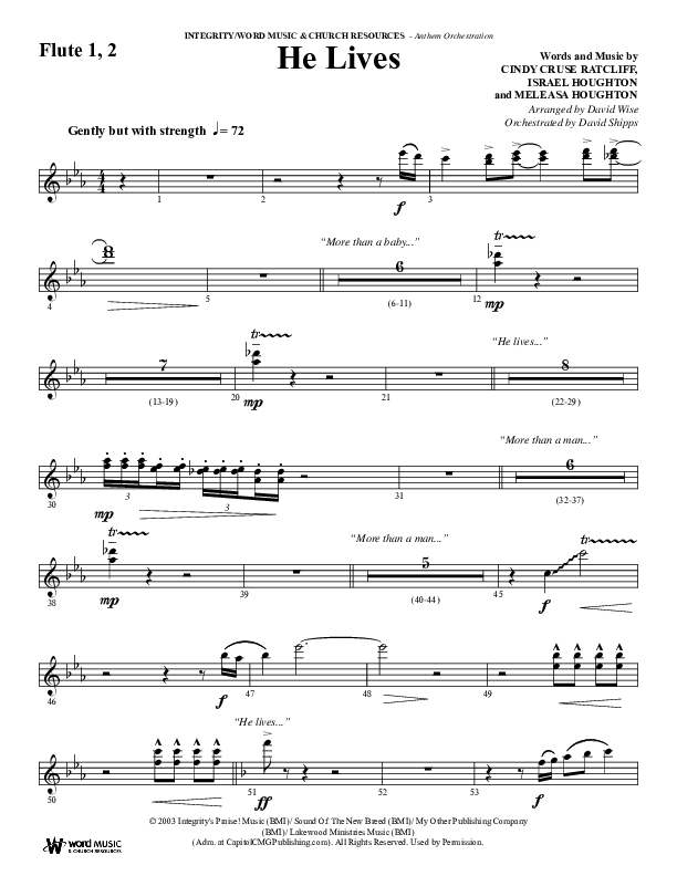 He Lives (Choral Anthem SATB) Flute 1/2 (Word Music Choral / Arr. David Wise / Orch. David Shipps)