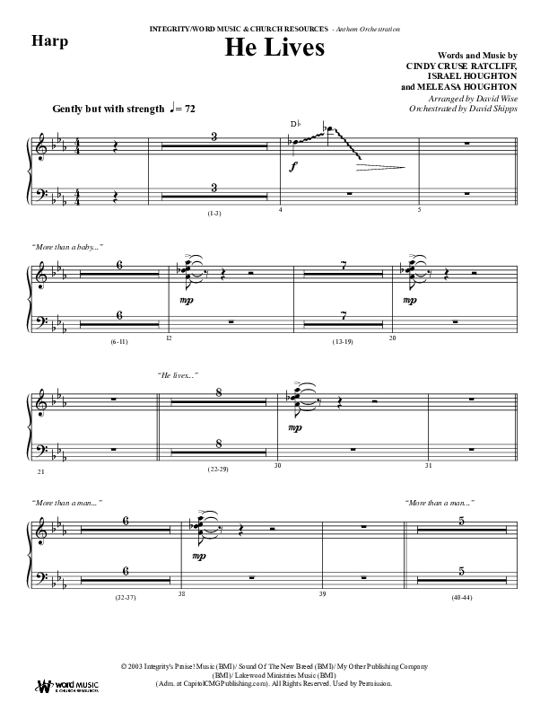 He Lives (Choral Anthem SATB) Harp (Word Music Choral / Arr. David Wise / Orch. David Shipps)