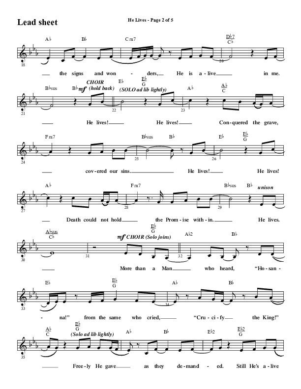 He Lives (Choral Anthem SATB) Lead Sheet (Melody) (Word Music Choral / Arr. David Wise / Orch. David Shipps)