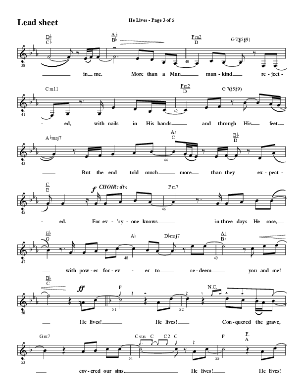 He Lives (Choral Anthem SATB) Lead Sheet (Melody) (Word Music Choral / Arr. David Wise / Orch. David Shipps)