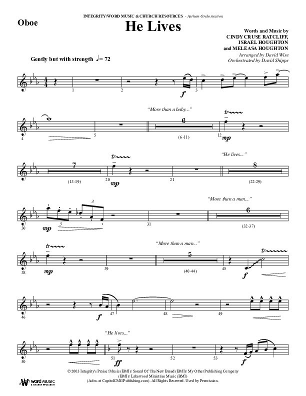 He Lives (Choral Anthem SATB) Oboe (Word Music Choral / Arr. David Wise / Orch. David Shipps)