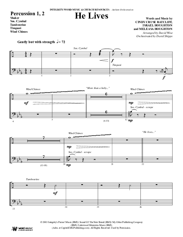 He Lives (Choral Anthem SATB) Percussion 1/2 (Word Music Choral / Arr. David Wise / Orch. David Shipps)