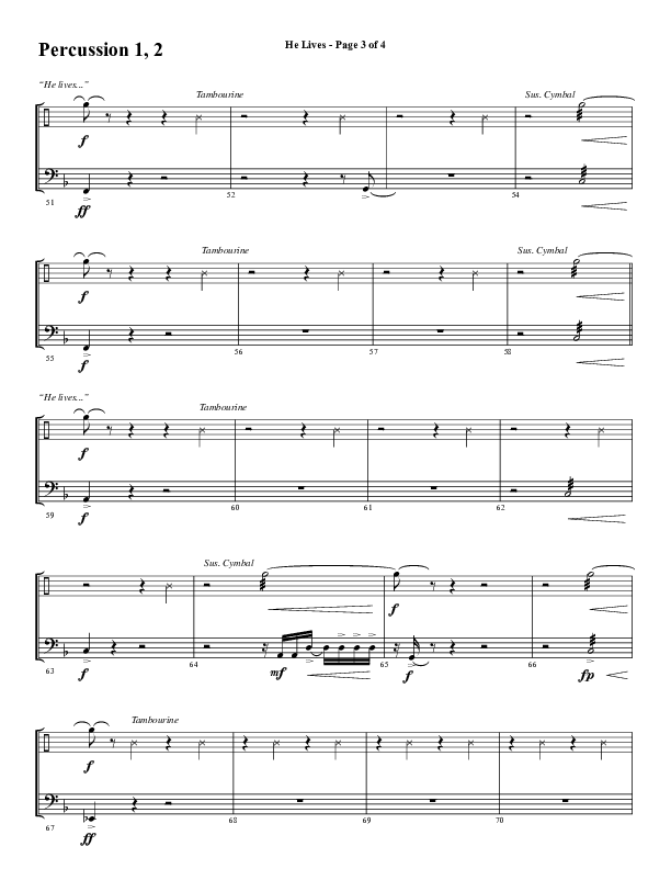 He Lives (Choral Anthem SATB) Percussion 1/2 (Word Music Choral / Arr. David Wise / Orch. David Shipps)