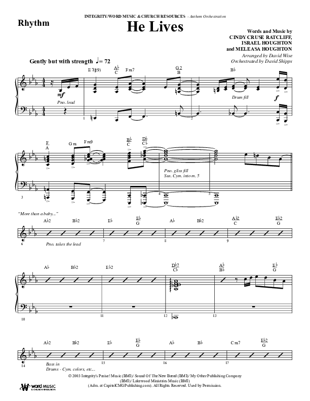 He Lives (Choral Anthem SATB) Rhythm Chart (Word Music Choral / Arr. David Wise / Orch. David Shipps)