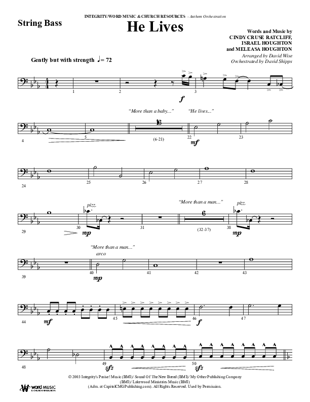 He Lives (Choral Anthem SATB) String Bass (Word Music Choral / Arr. David Wise / Orch. David Shipps)