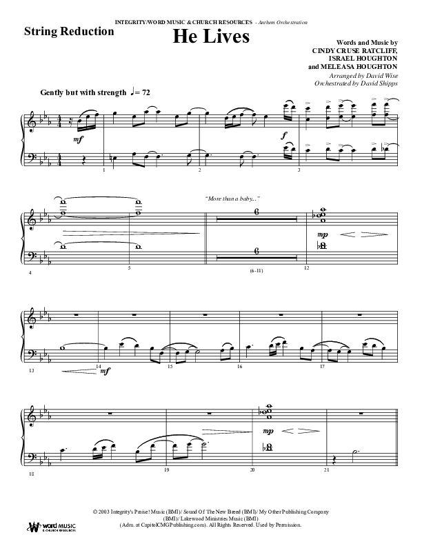 He Lives (Choral Anthem SATB) String Reduction (Word Music Choral / Arr. David Wise / Orch. David Shipps)