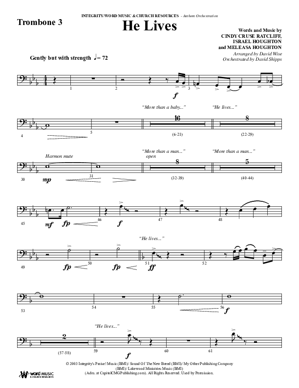 He Lives (Choral Anthem SATB) Trombone 3 (Word Music Choral / Arr. David Wise / Orch. David Shipps)