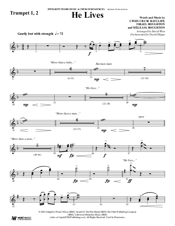 He Lives (Choral Anthem SATB) Trumpet 1,2 (Word Music Choral / Arr. David Wise / Orch. David Shipps)