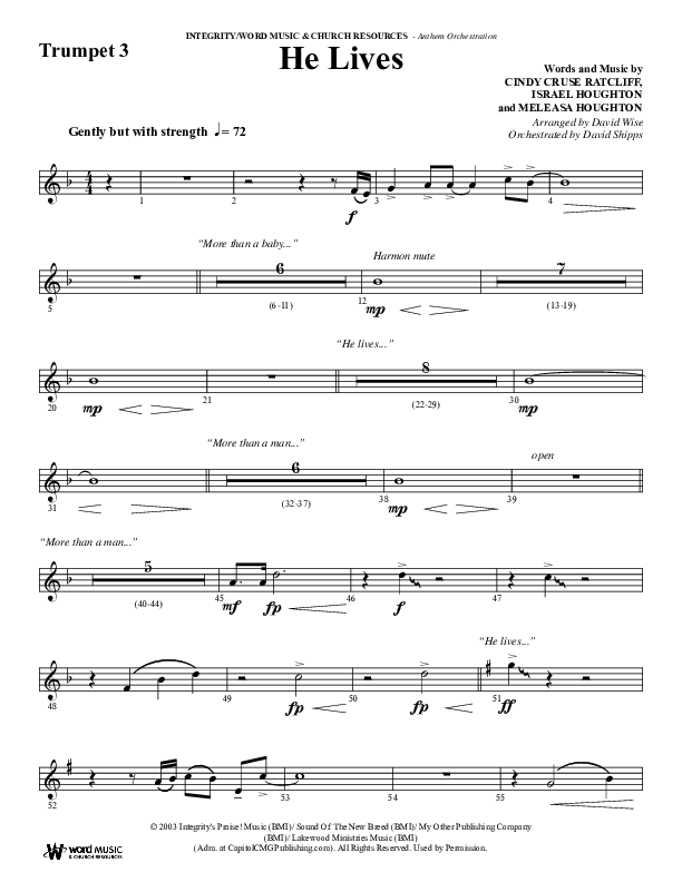He Lives (Choral Anthem SATB) Trumpet 3 (Word Music Choral / Arr. David Wise / Orch. David Shipps)