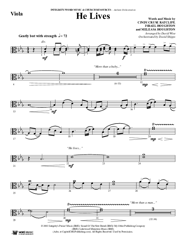 He Lives (Choral Anthem SATB) Viola (Word Music Choral / Arr. David Wise / Orch. David Shipps)