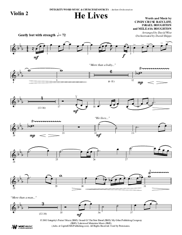 He Lives (Choral Anthem SATB) Violin 2 (Word Music Choral / Arr. David Wise / Orch. David Shipps)
