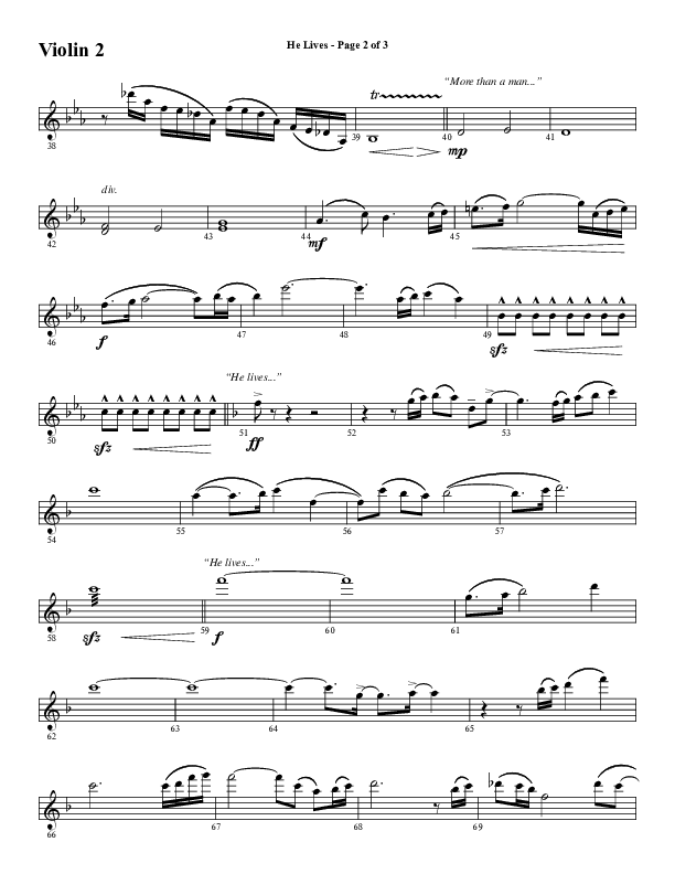 He Lives (Choral Anthem SATB) Violin 2 (Word Music Choral / Arr. David Wise / Orch. David Shipps)