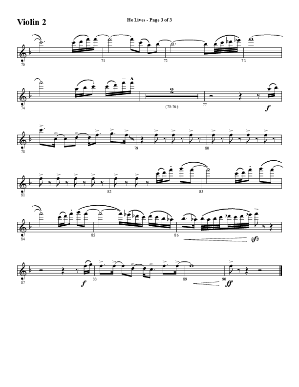He Lives (Choral Anthem SATB) Violin 2 (Word Music Choral / Arr. David Wise / Orch. David Shipps)