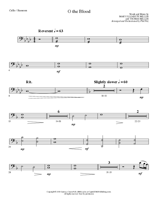 O The Blood (Choral Anthem SATB) Cello (Lillenas Choral / Arr. Phil Nitz)