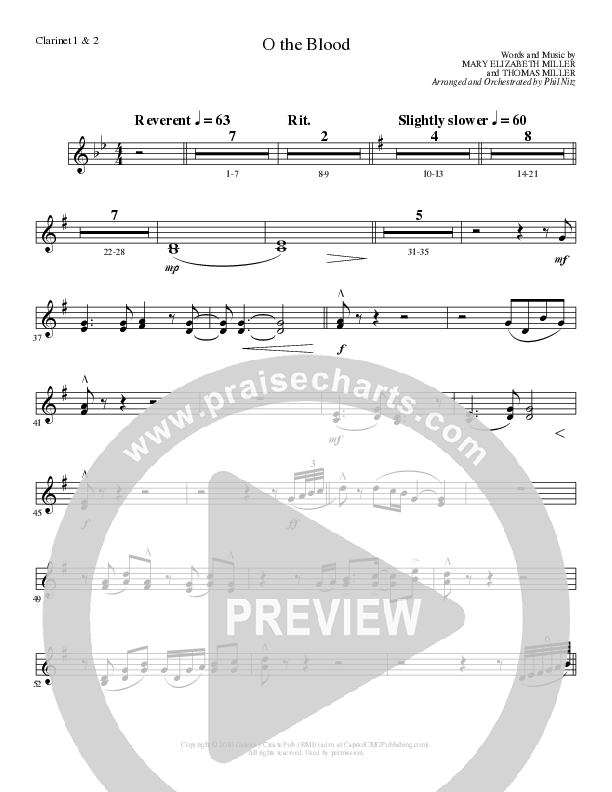 O The Blood (Choral Anthem SATB) Clarinet 1/2 (Lillenas Choral / Arr. Phil Nitz)
