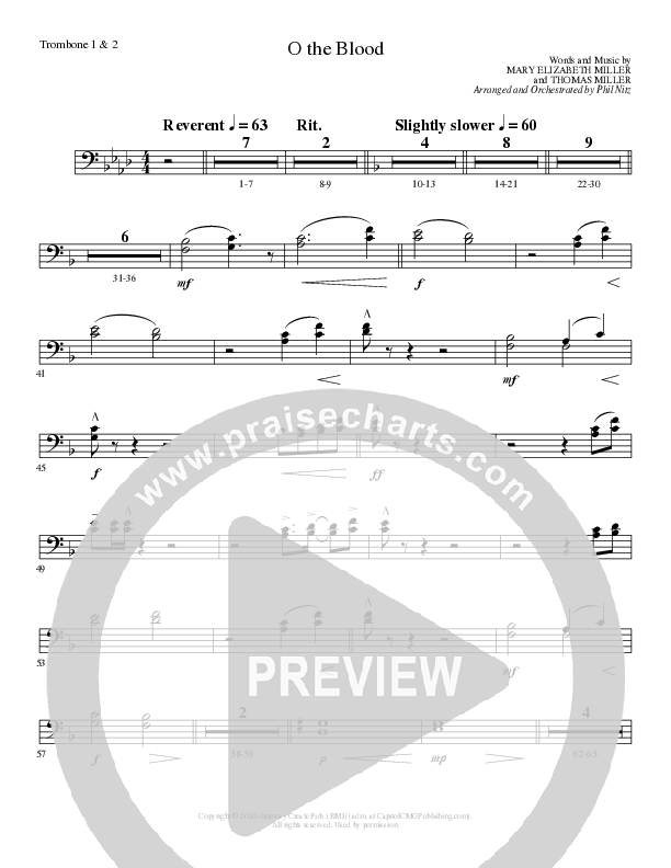 O The Blood (Choral Anthem SATB) Trombone 1/2 (Lillenas Choral / Arr. Phil Nitz)