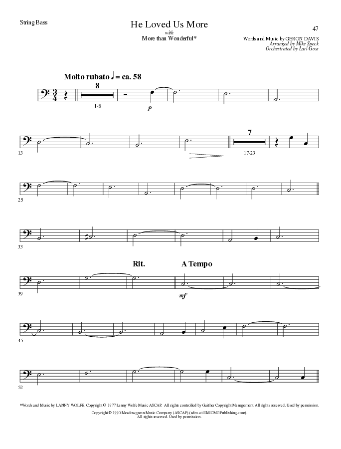 He Loved Us More (Choral Anthem SATB) String Bass (Lillenas Choral / Arr. Mike Speck)