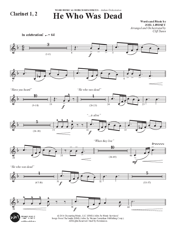 He Who Was Dead (Choral Anthem SATB) Clarinet 1/2 (Word Music Choral / Arr. Cliff Duren)