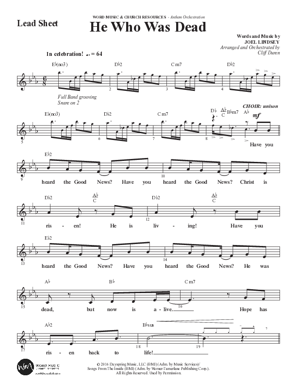 He Who Was Dead (Choral Anthem SATB) Lead Sheet (Melody) (Word Music Choral / Arr. Cliff Duren)